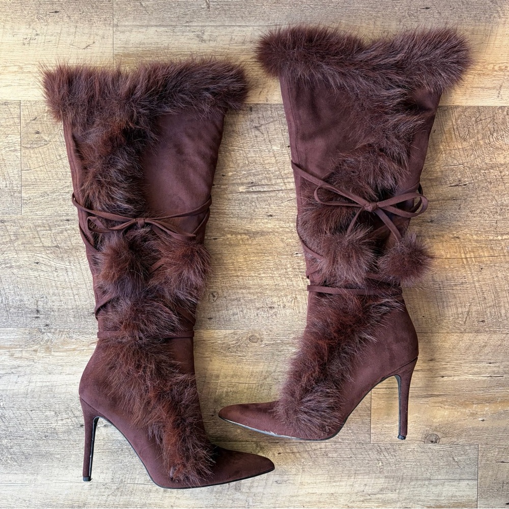 Fashion Nova Brown Faux Fur Pom Pom Heeled Boots